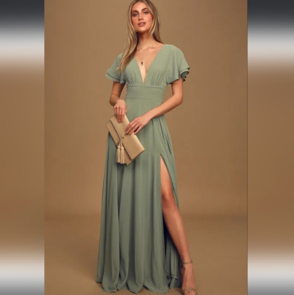 Lulu's Promise Of Love Sage Brush Flutter Sleeve Maxi Dress